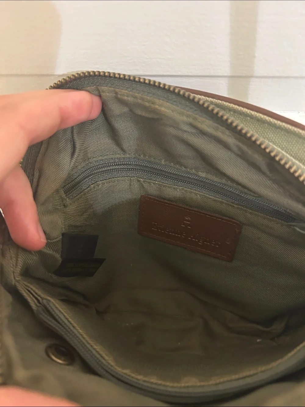 🛍 2/$18 Etienne Aigner Olive Canvas Crossbody with Brown Trim and Brass Plaque